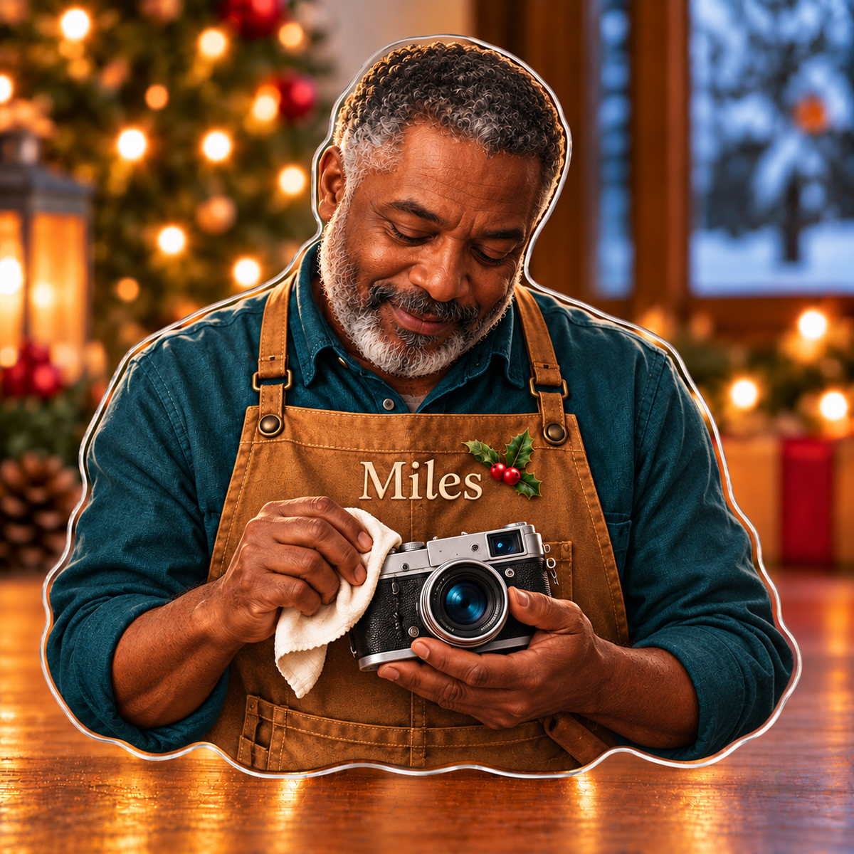 Front-view digital preview of a Christmas camera restorer kept memories acrylic plaque with example name Miles integrated into the work apron chest