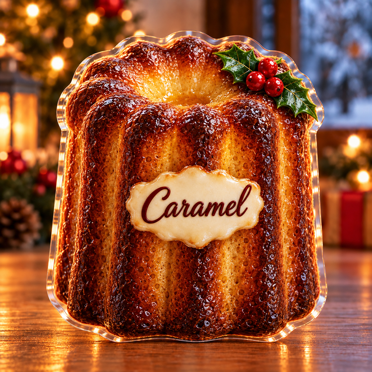 Front-view digital preview of a Christmas canele caramel joy acrylic plaque with example name Caramel integrated into the the illustrated front icing name detail