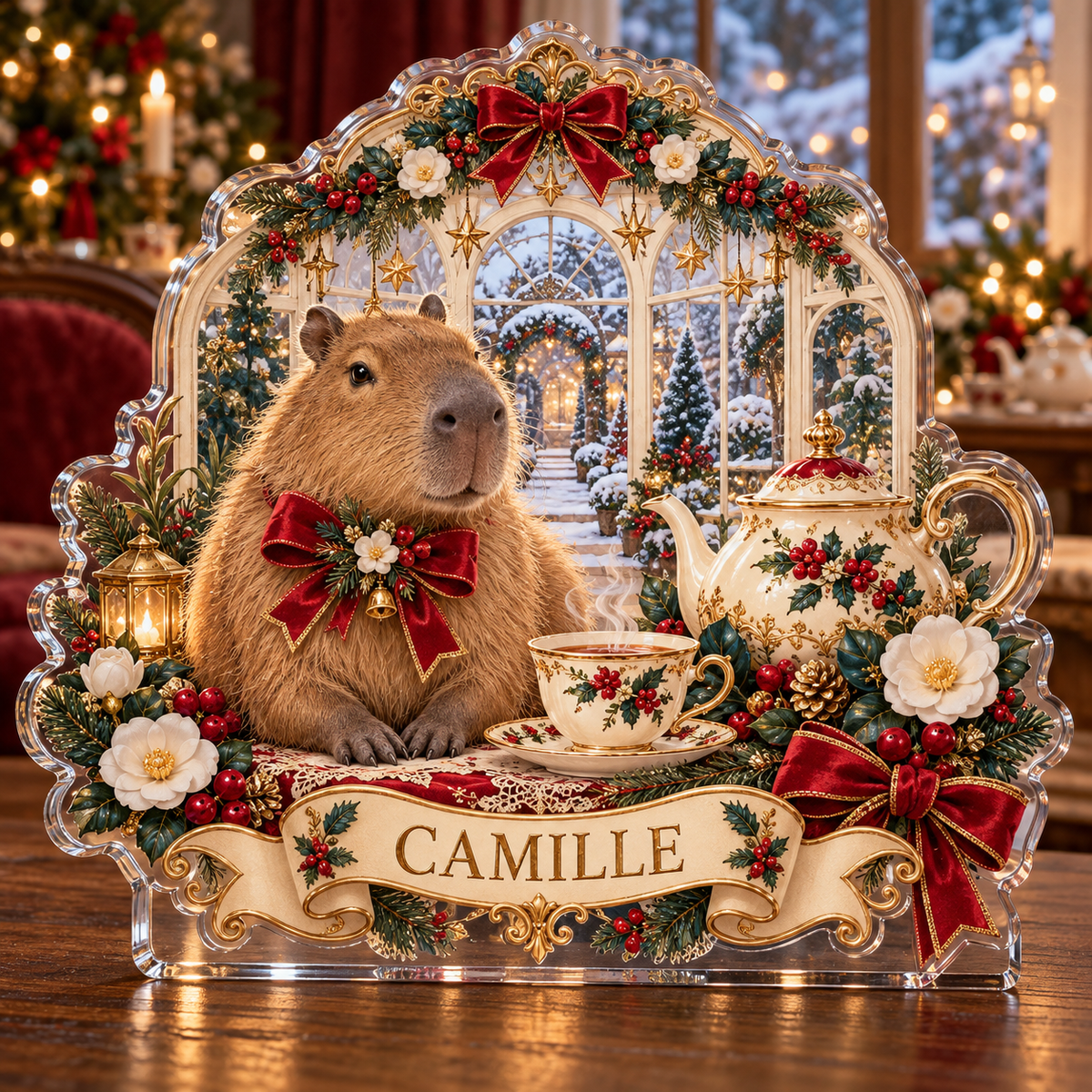 Front-view digital preview of a personalized Christmas capybara camellia tea conservatory acrylic plaque with example name CAMILLE