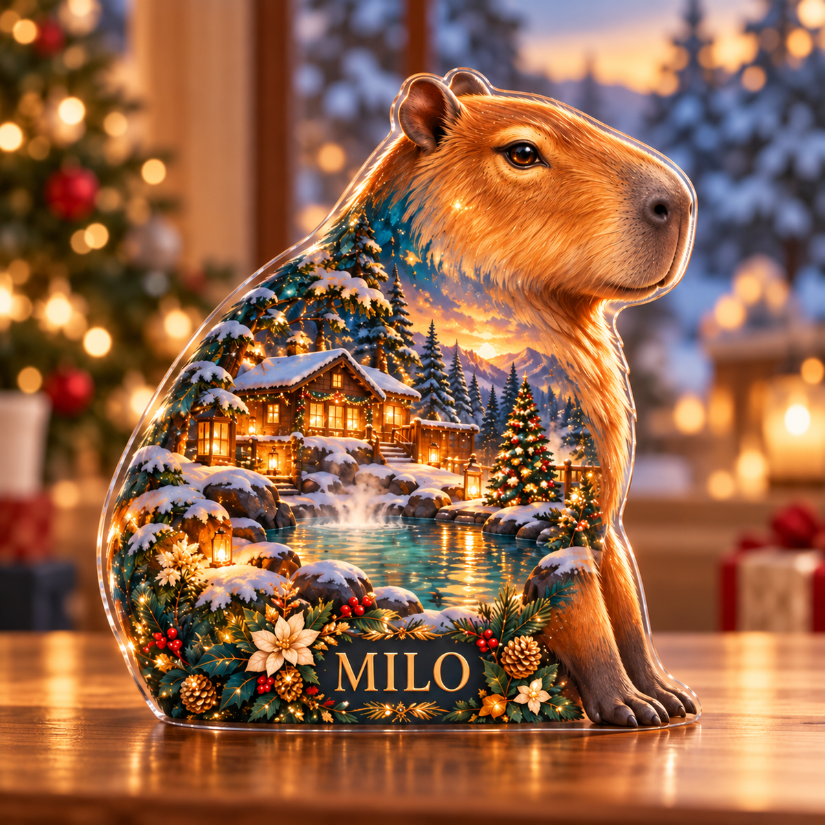 Front-view digital preview of a Christmas capybara amber hotspring acrylic plaque with example name Milo integrated into the lower intrinsic capybara botanical detail