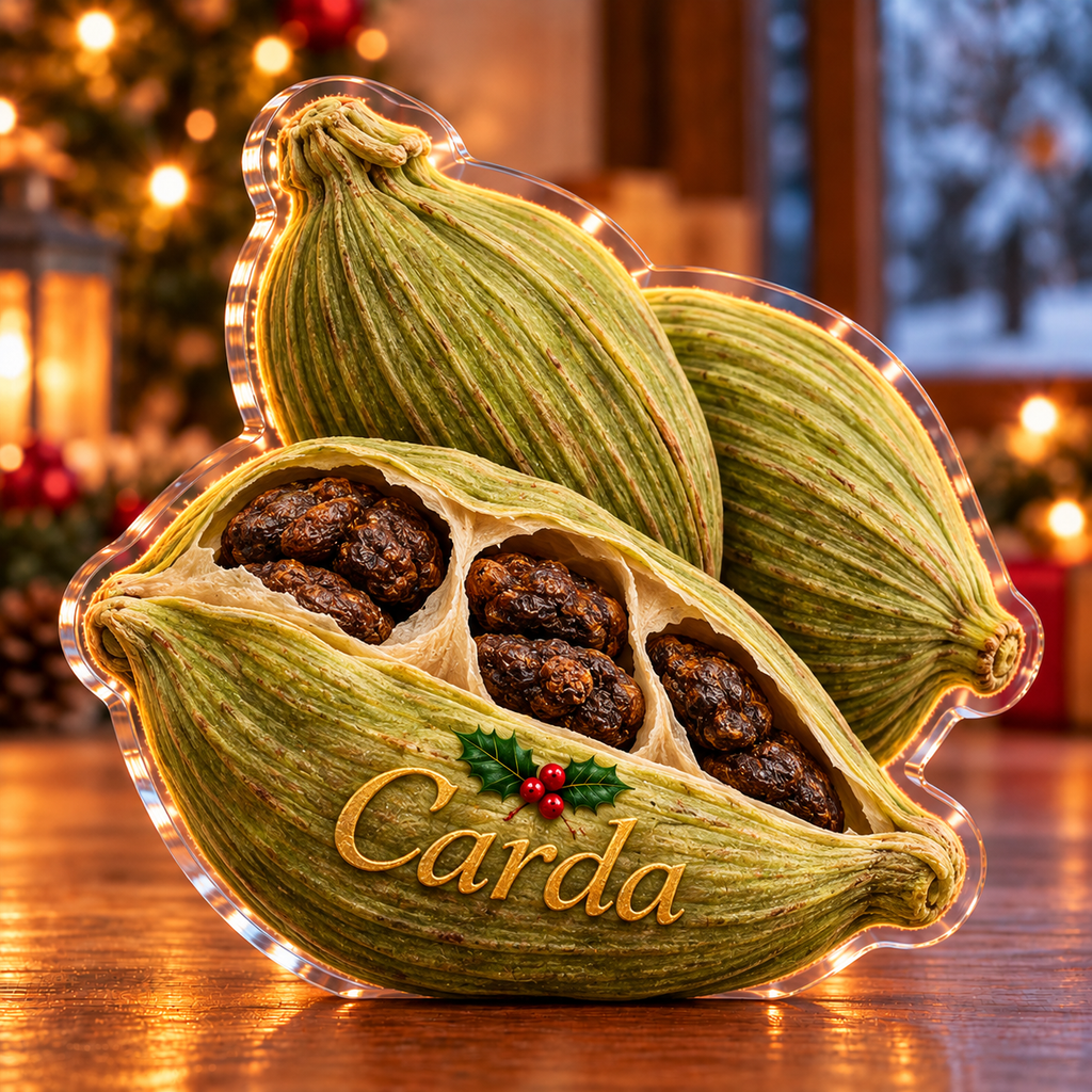 Front-view digital preview of a Christmas cardamom green joy acrylic plaque with example name Carda integrated into the the illustrated front pod name detail