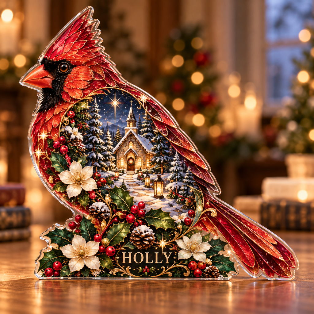 Front-view digital preview of a Christmas cardinal ruby chapel acrylic plaque with example name Holly integrated into the lower bird holly detail