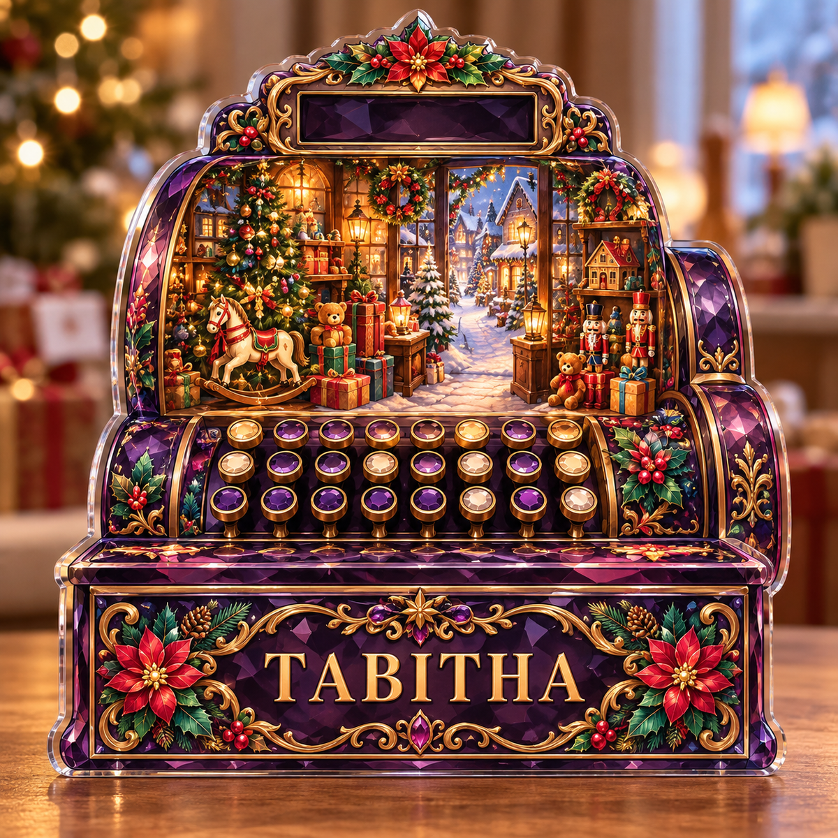 Front-view digital preview of a Christmas amethyst cash register acrylic plaque with example name TABITHA integrated into the lowest drawer body facets