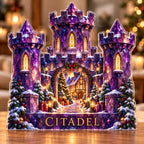 Front-view digital preview of a Christmas amethyst castle acrylic plaque with example name CITADEL integrated into the lowest castle masonry facets
