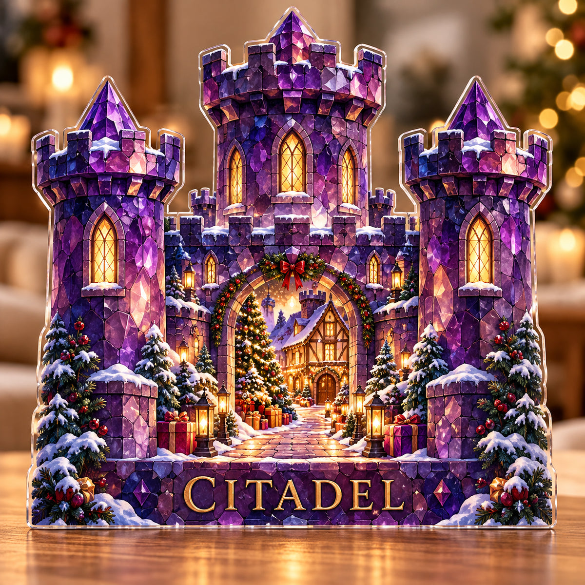Front-view digital preview of a Christmas amethyst castle acrylic plaque with example name CITADEL integrated into the lowest castle masonry facets