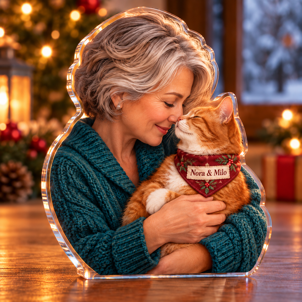 Front-view digital preview of a Christmas cat owner nuzzle acrylic plaque with example name Nora & Milo integrated into the illustrated cat bandana name patch