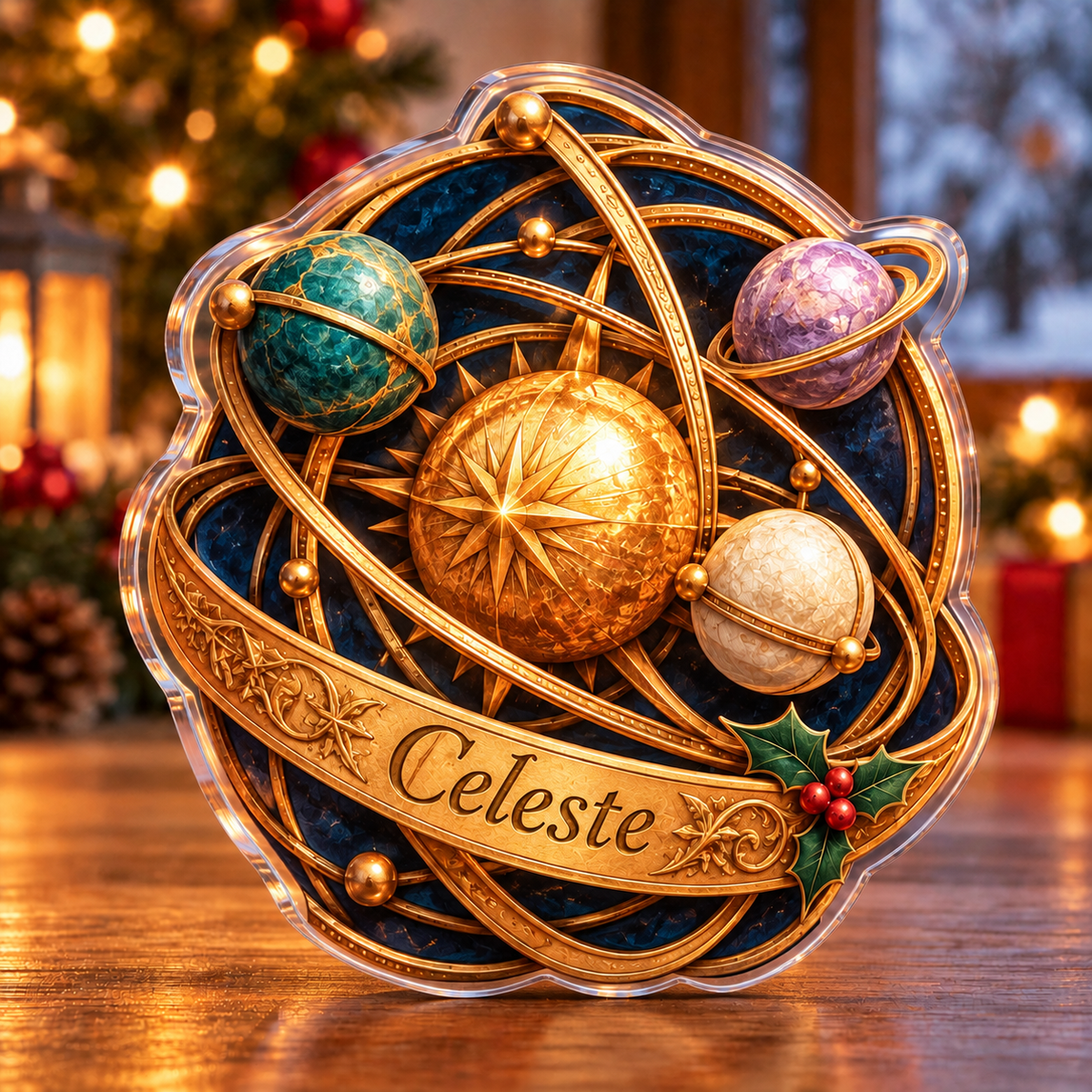 Front-view digital preview of a Christmas celestial orrery wonder acrylic plaque with example name Celeste integrated into the front celestial orbital band name engraving