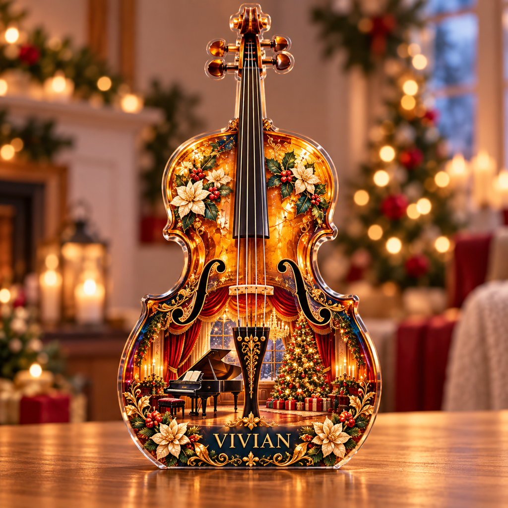 Front-view digital preview of a Christmas cello amber recital acrylic plaque with example name Vivian integrated into the lower intrinsic cello floral detail
