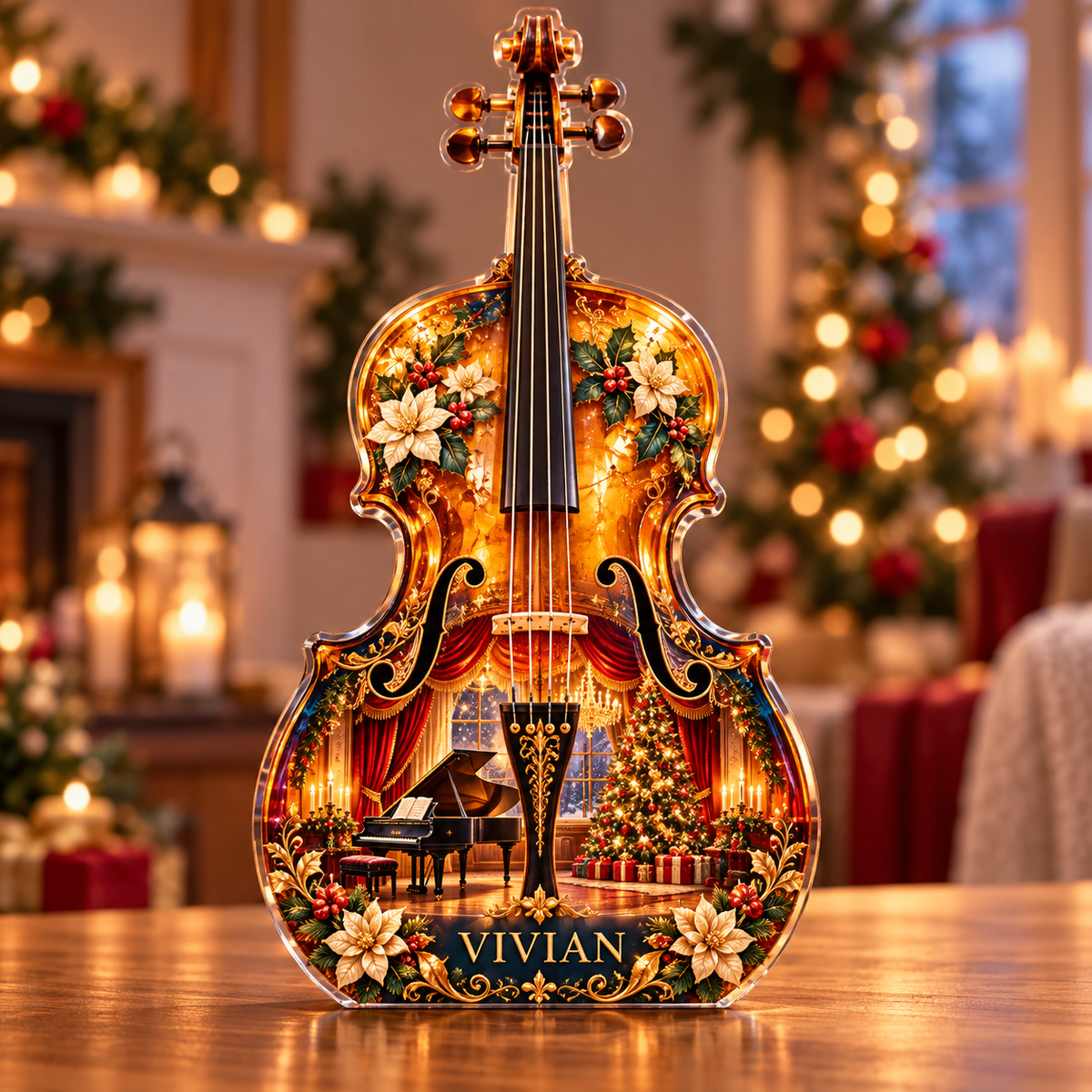 Front-view digital preview of a Christmas cello amber recital acrylic plaque with example name Vivian integrated into the lower intrinsic cello floral detail
