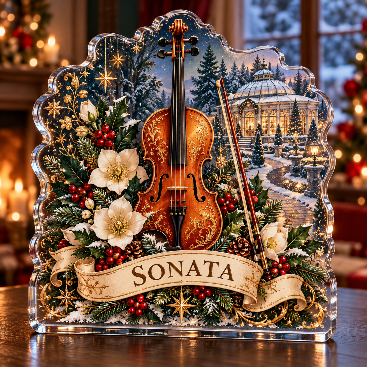 Front-view digital preview of a personalized Christmas cello hellebore conservatory acrylic plaque with example name SONATA