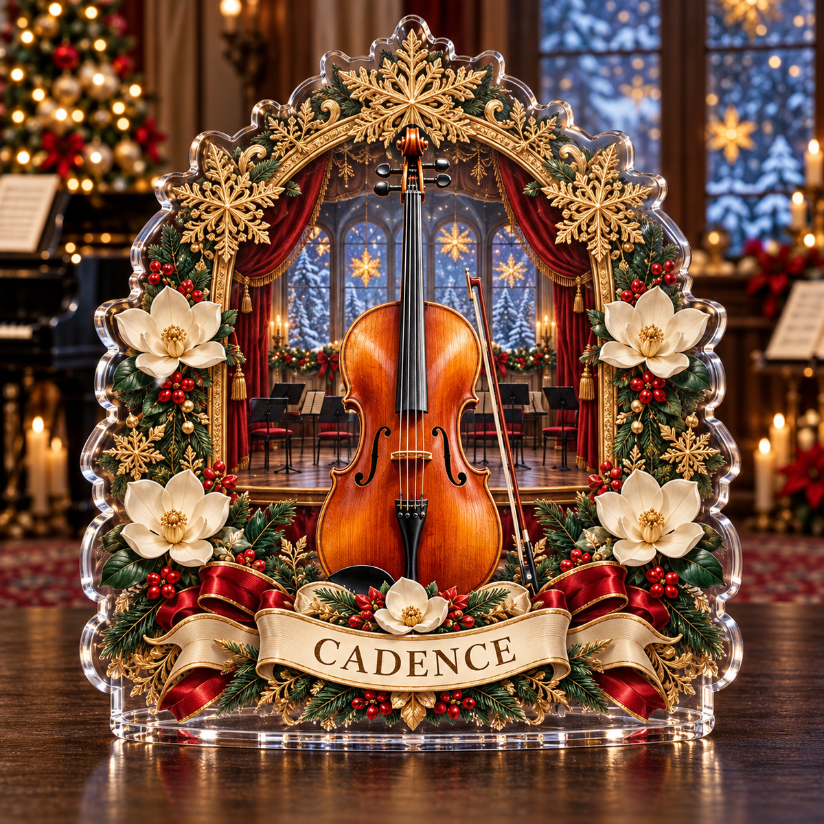 Front-view digital preview of a personalized Christmas cello magnolia theater acrylic plaque with example name CADENCE