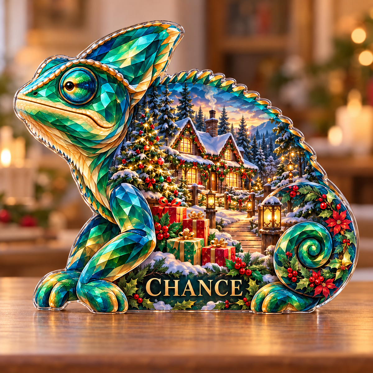 Front-view digital preview of a Christmas emerald chameleon acrylic plaque with example name CHANCE integrated into the lowest body facets