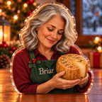 Front-view digital preview of a Christmas cheesemaker pride acrylic plaque with example name Briar integrated into the the illustrated front apron name stitching