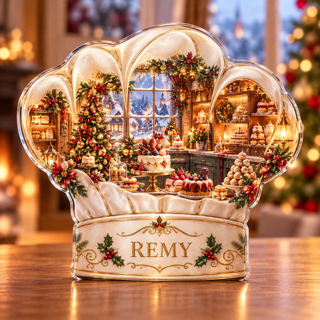 Front-view digital preview of a Christmas chef hat opal patisserie acrylic plaque with example name Remy integrated into the lower intrinsic chef hat band detail