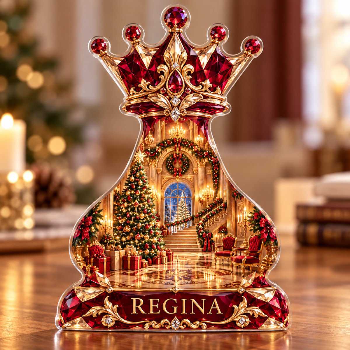 Front-view digital preview of a Christmas chess queen ruby ballroom acrylic plaque with example name REGINA integrated into the intrinsic lower chess-piece foot