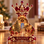 Front-view digital preview of a Christmas chess queen ruby ballroom acrylic plaque with example name REGINA integrated into the intrinsic lower chess-piece foot