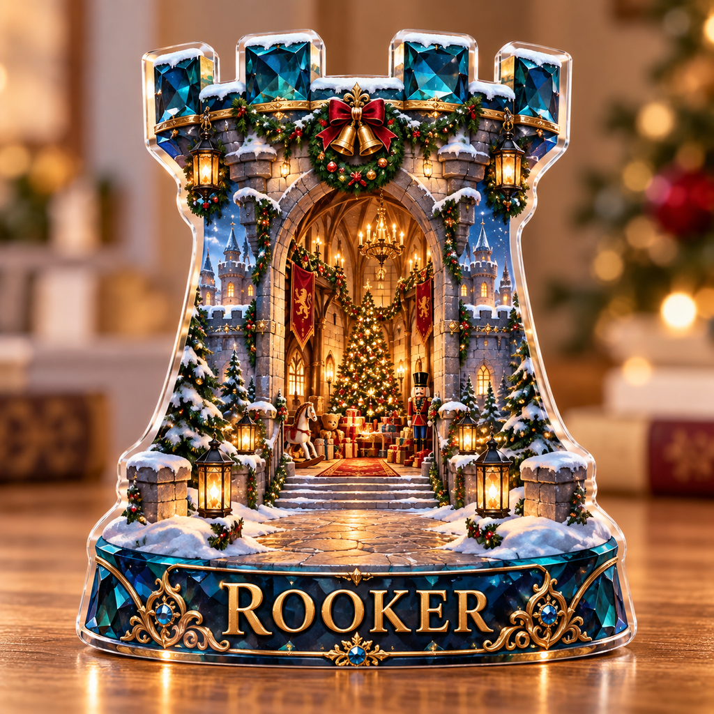 Front-view digital preview of a Christmas chess rook sapphire keep acrylic plaque with example name ROOKER integrated into the intrinsic lower chess-piece foot