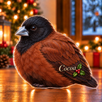 Front-view digital preview of a Christmas chestnut munia quiet glow acrylic plaque with example name Cocoa integrated into the lower folded wing