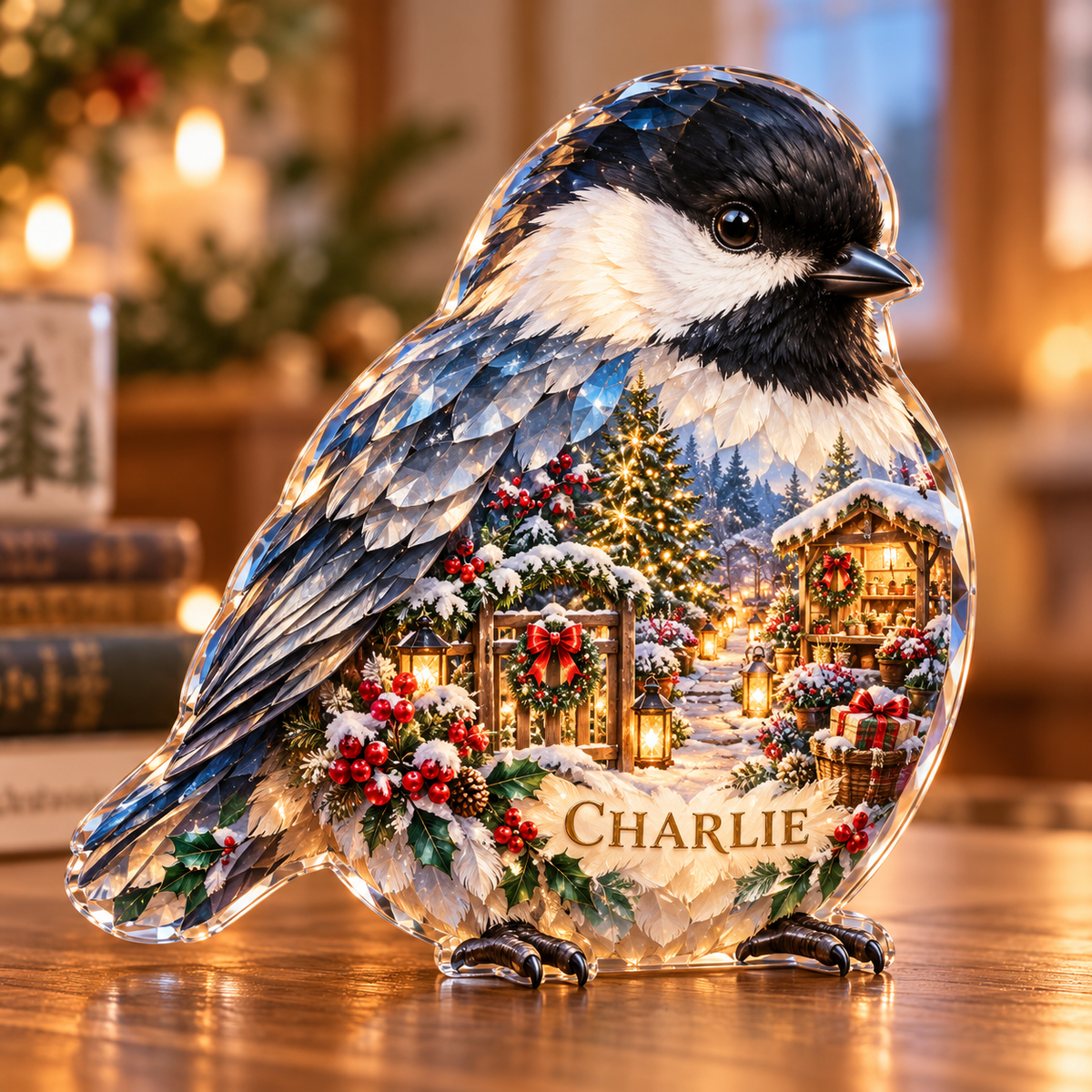 Front-view digital preview of a Christmas chickadee opal snowgarden acrylic plaque with example name CHARLIE integrated into the lower breast feathers