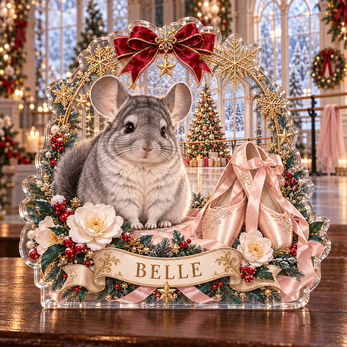 Front-view digital preview of a personalized Christmas chinchilla ballet snowflake acrylic plaque with example name BELLE