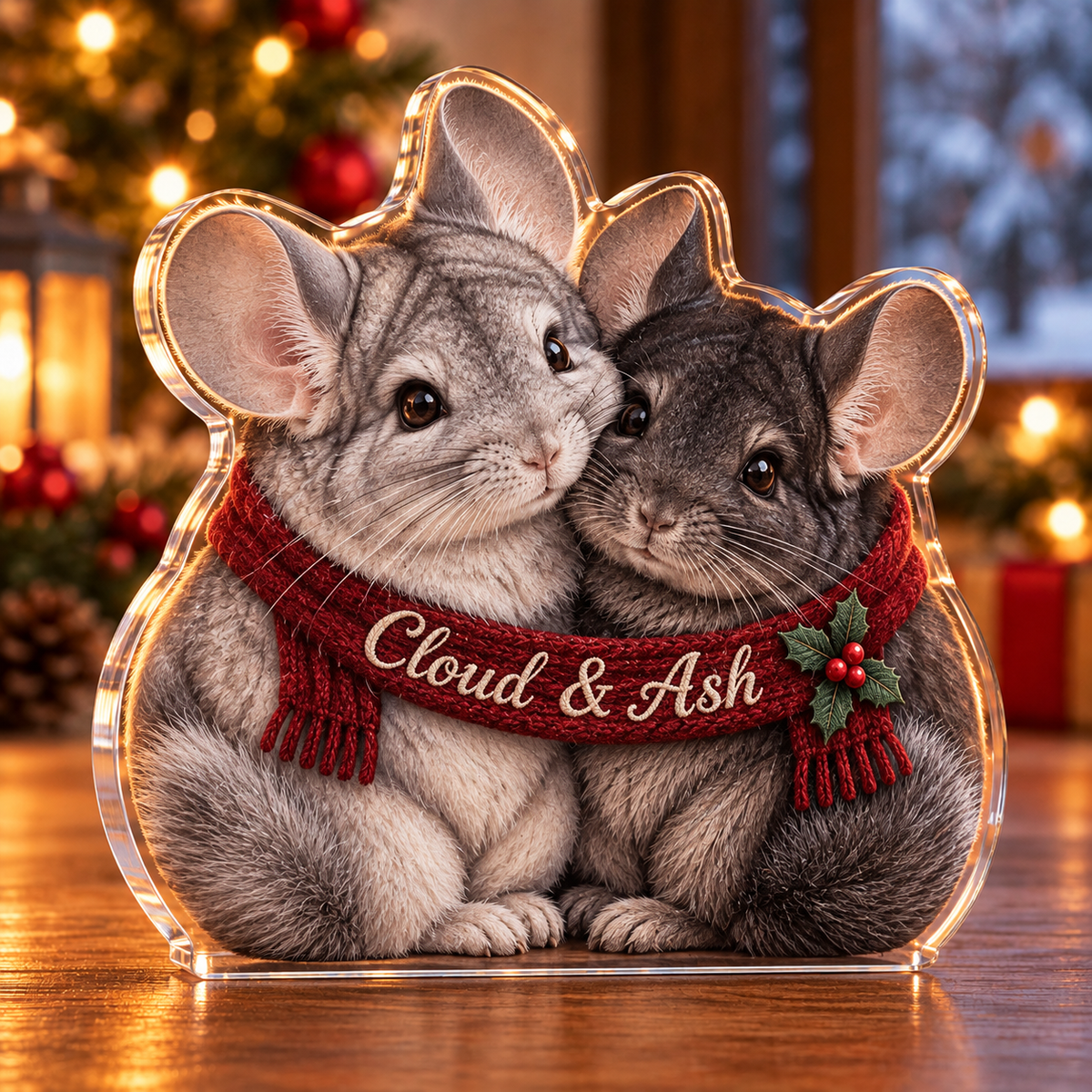 Front-view digital preview of a Christmas chinchilla cheek snuggle acrylic plaque with example name Cloud & Ash integrated into the front scarf fold name embroidery