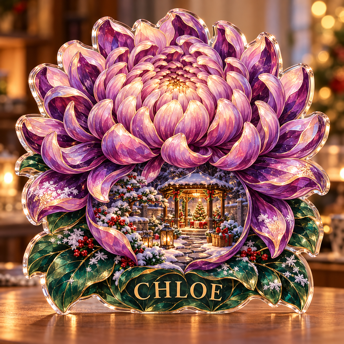 Front-view digital preview of a Christmas chrysanthemum snowpavilion acrylic plaque with example name CHLOE integrated into the lower leaf veins