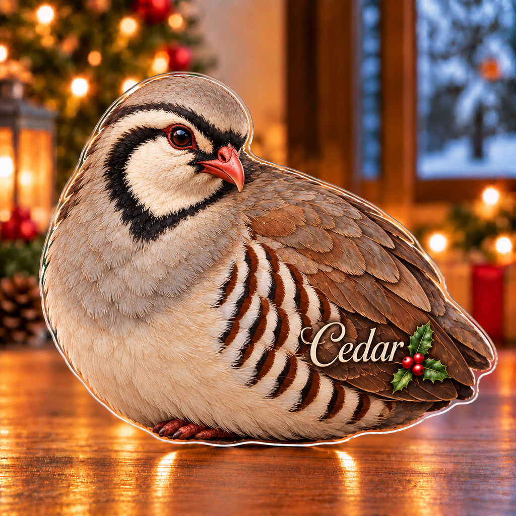 Front-view digital preview of a Christmas chukar quiet courage acrylic plaque with example name Cedar integrated into the lower folded wing