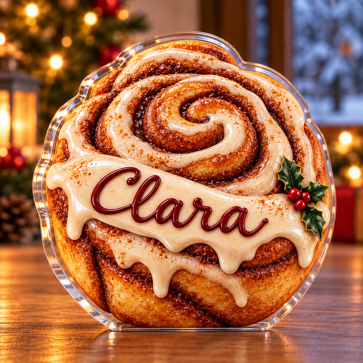 Front-view digital preview of a Christmas cinnamon roll icing acrylic plaque with example name Clara integrated into the front icing name lettering