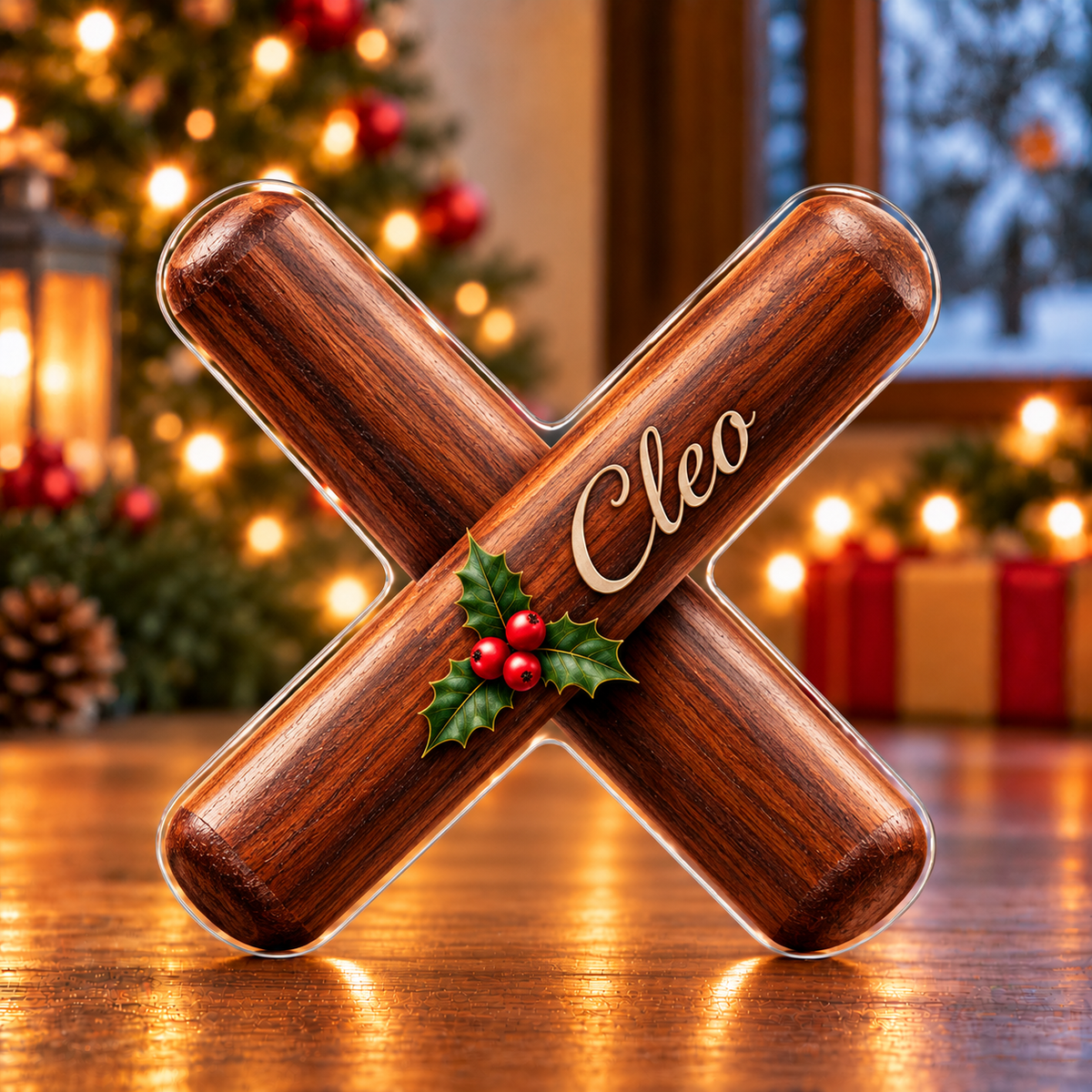 Front-view digital preview of a Christmas claves warm rhythm acrylic plaque with example name Cleo integrated into the front wooden clave
