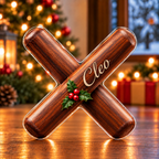 Front-view digital preview of a Christmas claves warm rhythm acrylic plaque with example name Cleo integrated into the front wooden clave