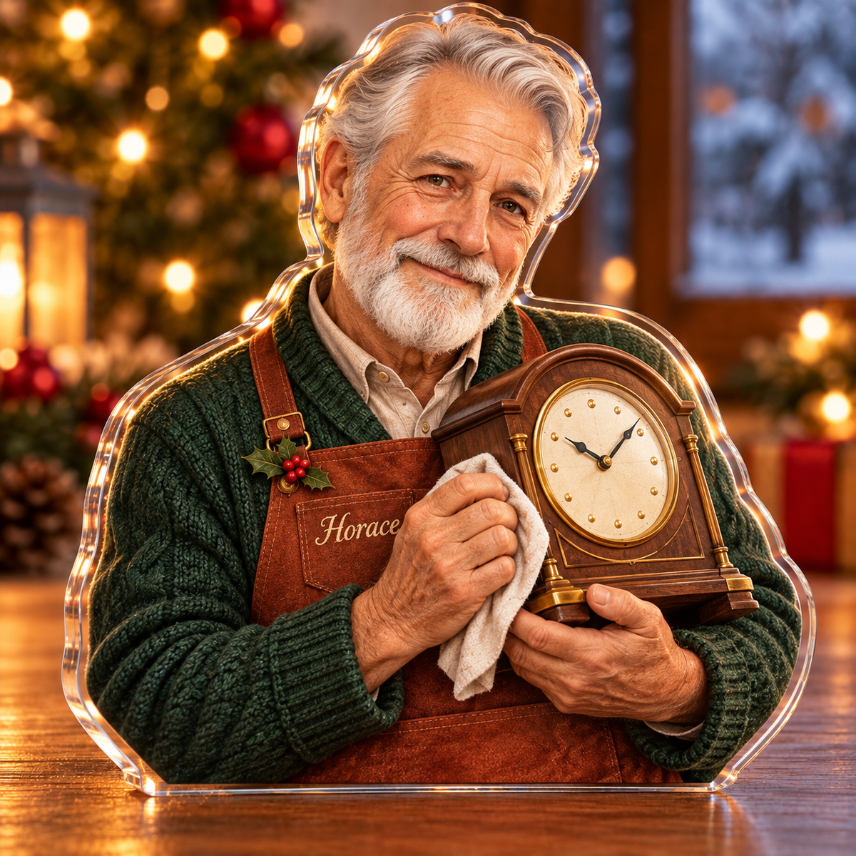 Front-view digital preview of a Christmas clock restorer pride acrylic plaque with example name Horace integrated into the the illustrated front apron name stitching