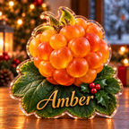 Front-view digital preview of a Christmas cloudberry amber joy acrylic plaque with example name Amber integrated into the the illustrated lower leaf name detail