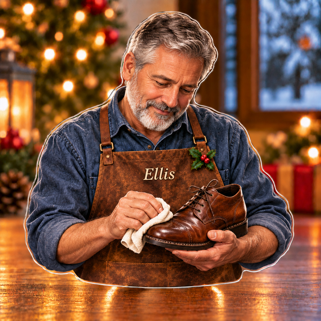Front-view digital preview of a Christmas cobbler leather care acrylic plaque with example name Ellis integrated into the work apron chest