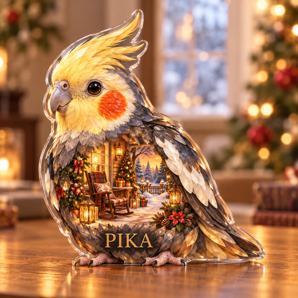 Front-view digital preview of a Christmas cockatiel amber sunporch acrylic plaque with example name PIKA integrated into the lower breast feather facets
