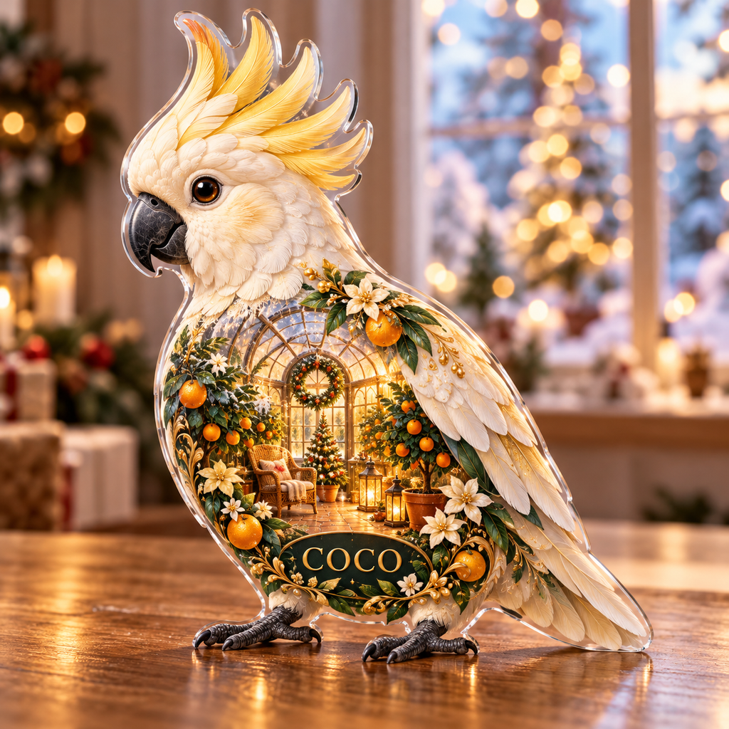Front-view digital preview of a Christmas cockatoo opal orangerie acrylic plaque with example name Coco integrated into the lower intrinsic cockatoo botanical detail
