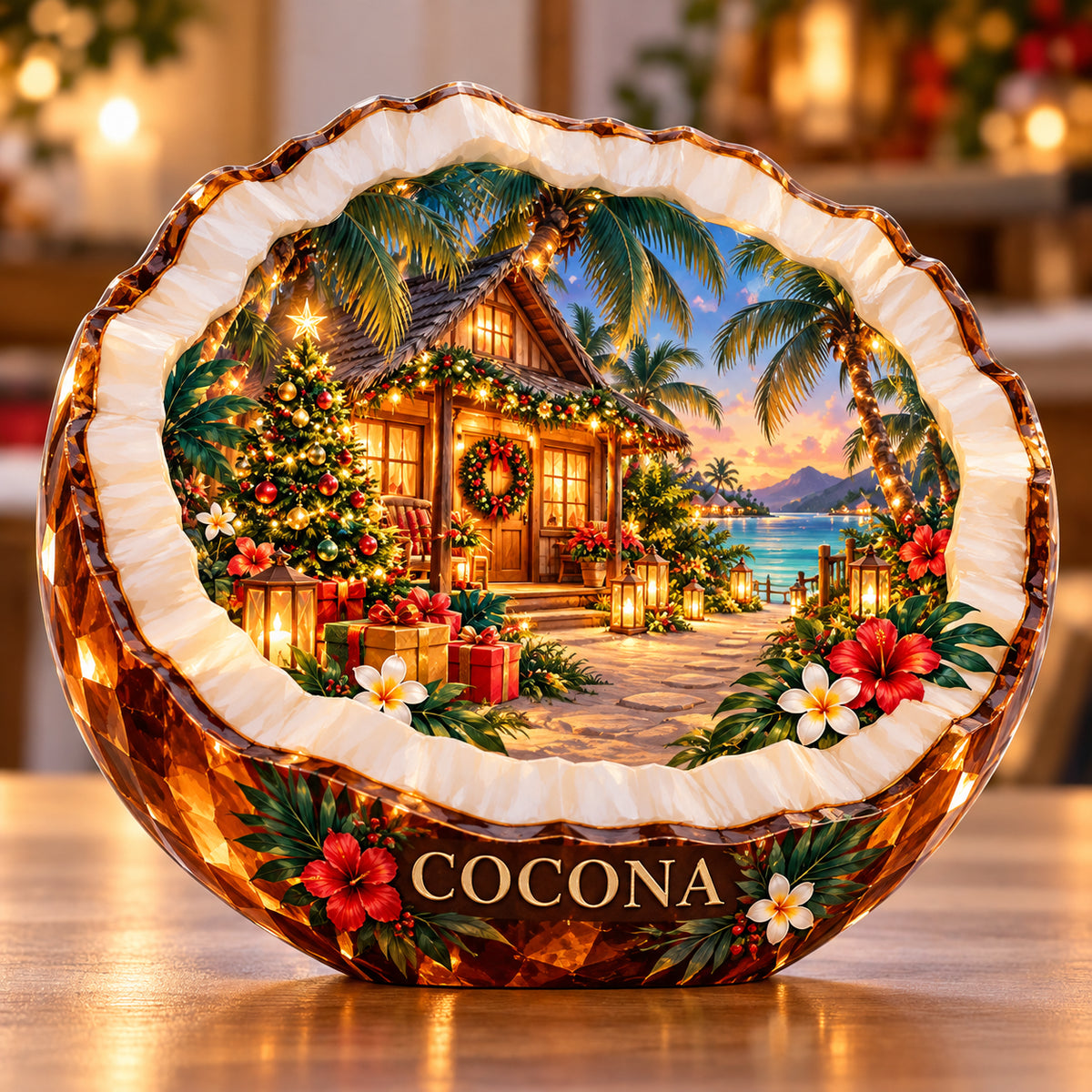 Front-view digital preview of a Christmas opal coconut acrylic plaque with example name COCONA integrated into the lowest intrinsic coconut shell facets
