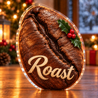 Front-view digital preview of a Christmas coffee bean memory acrylic plaque with example name Roast integrated into the the illustrated lower bean name detail
