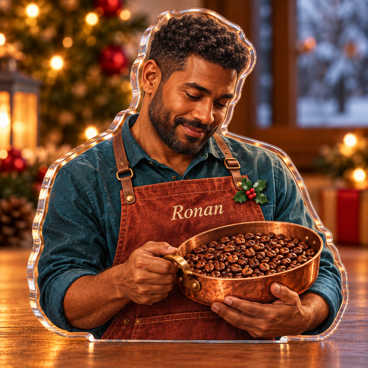Front-view digital preview of a Christmas coffee roaster pride acrylic plaque with example name Ronan integrated into the the illustrated front apron name stitching