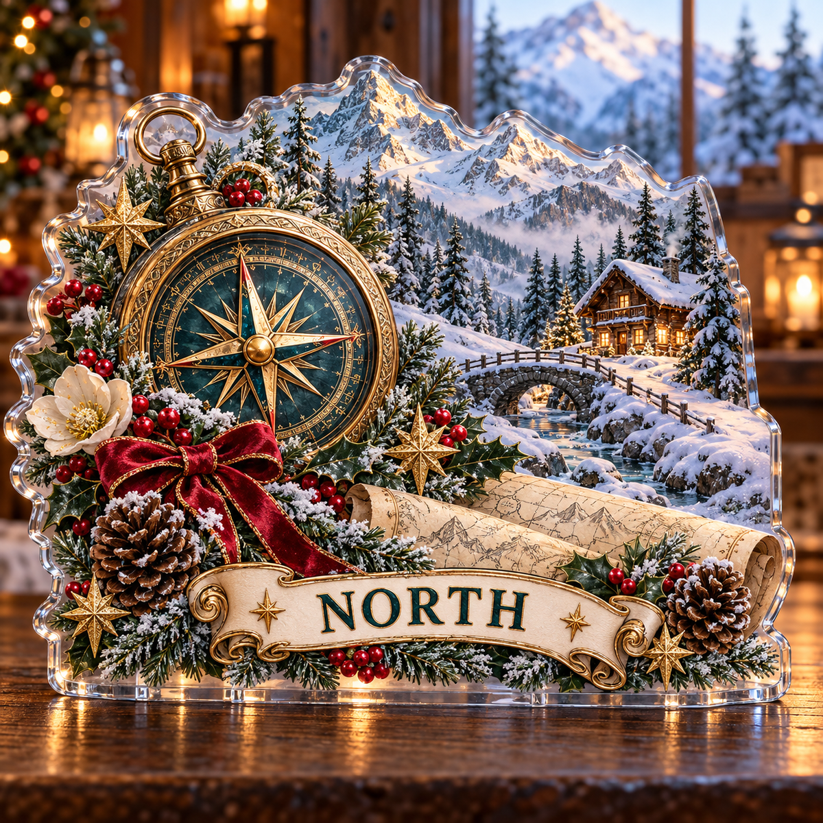 Front-view digital preview of a personalized Christmas compass alpine map acrylic plaque with example name NORTH
