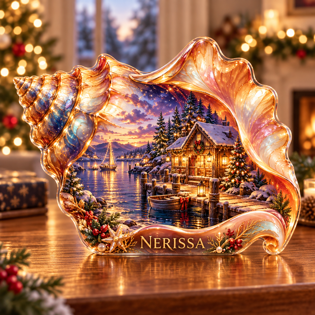 Front-view digital preview of a Christmas conch shell amber harbor acrylic plaque with example name Nerissa integrated into the lower intrinsic conch shell coral detail