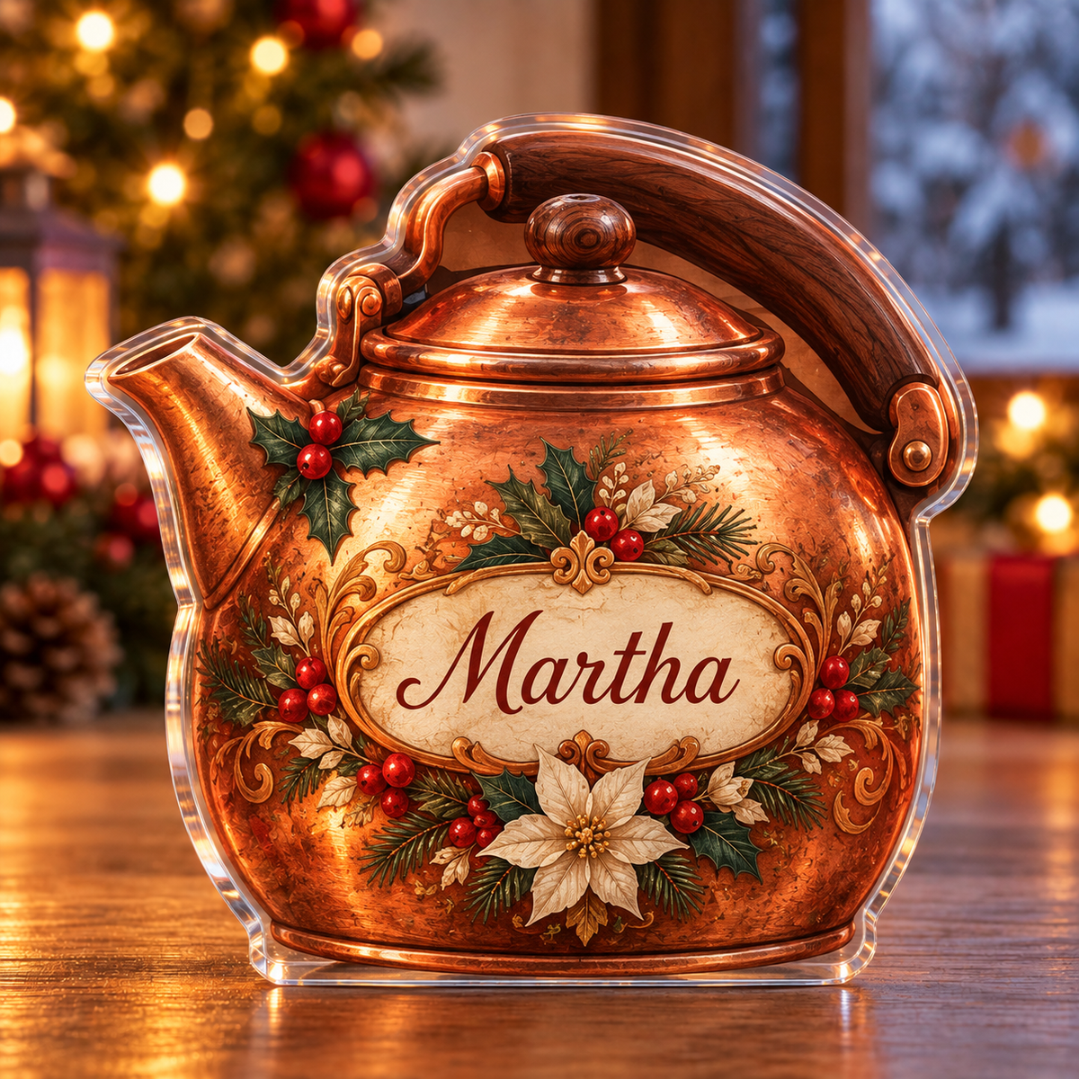 Front-view digital preview of a Christmas copper kettle hearth acrylic plaque with example name Martha integrated into the illustrated kettle front name cartouche