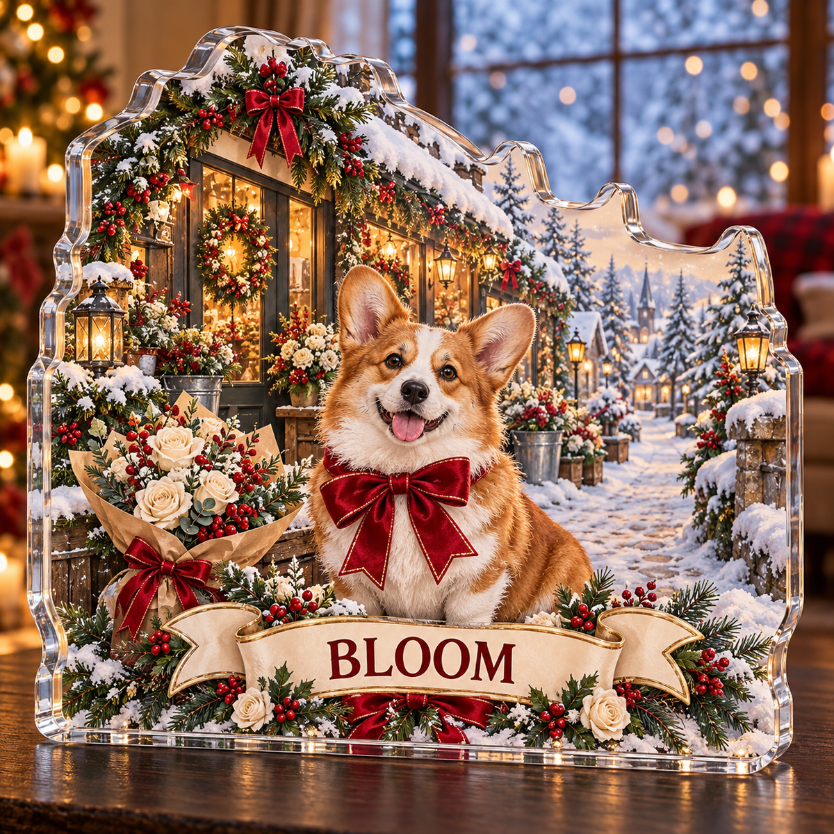 Front-view digital preview of a personalized Christmas corgi florist cottage acrylic plaque with example name BLOOM