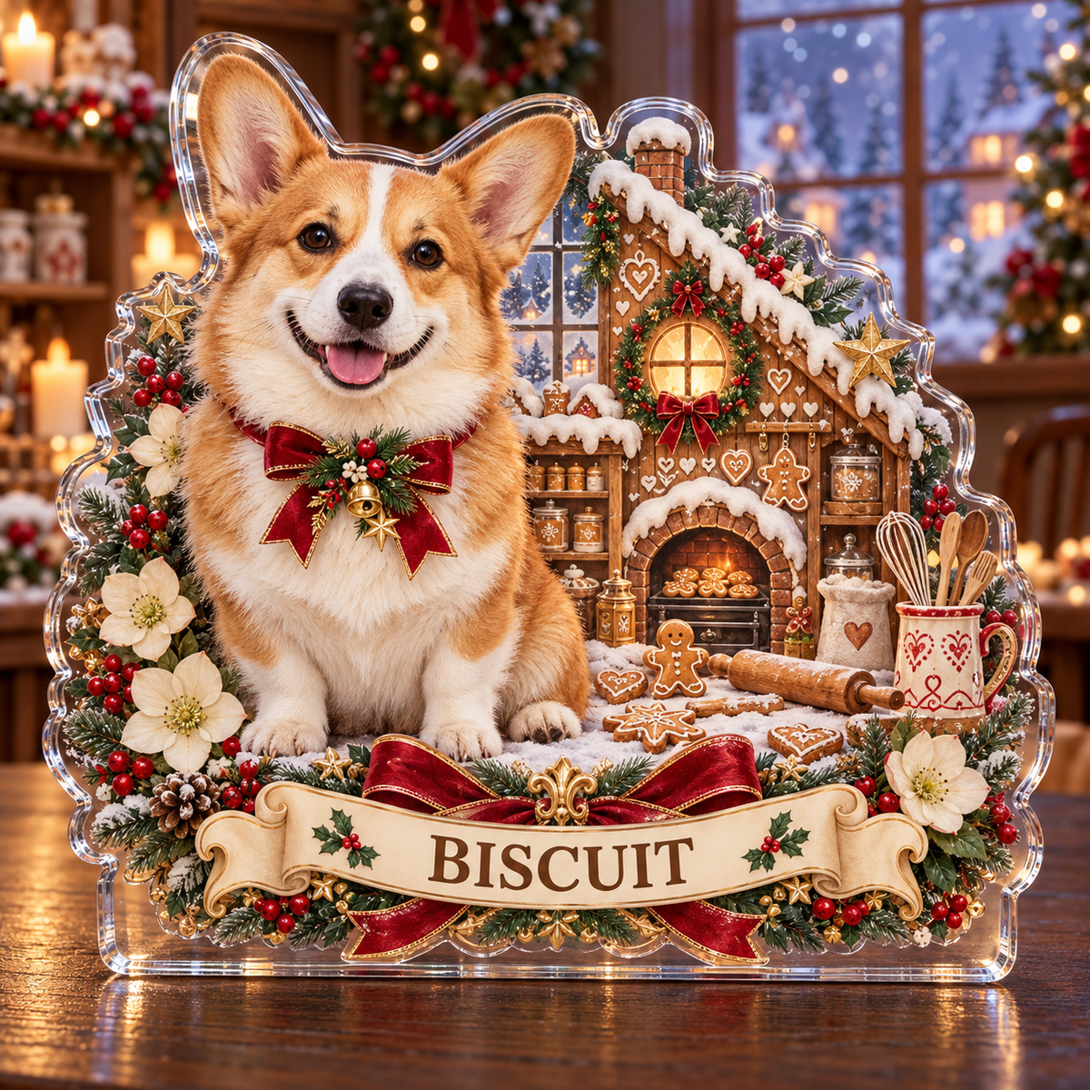 Front-view digital preview of a personalized Christmas corgi gingerbread atelier acrylic plaque with example name BISCUIT
