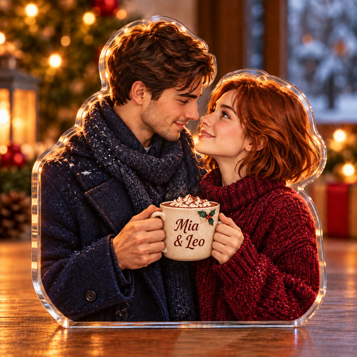 Front-view digital preview of a Christmas couple cocoa warmth acrylic plaque with example name Mia & Leo integrated into the illustrated cocoa mug front