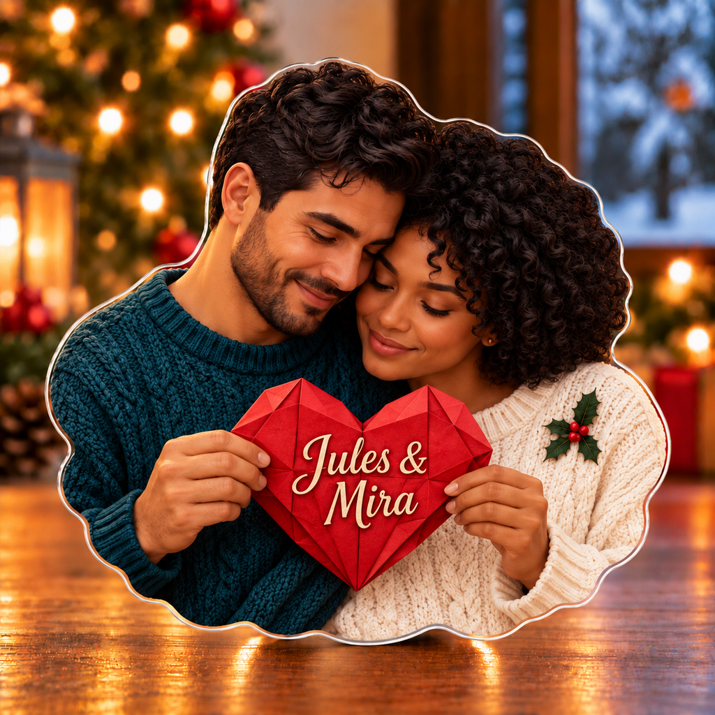 Front-view digital preview of a Christmas couple origami shared fold acrylic plaque with example name Jules & Mira integrated into the folded paper heart