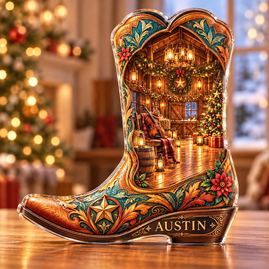 Front-view digital preview of a Christmas cowboy boot amber barn acrylic plaque with example name Austin integrated into the lower intrinsic cowboy boot sole detail