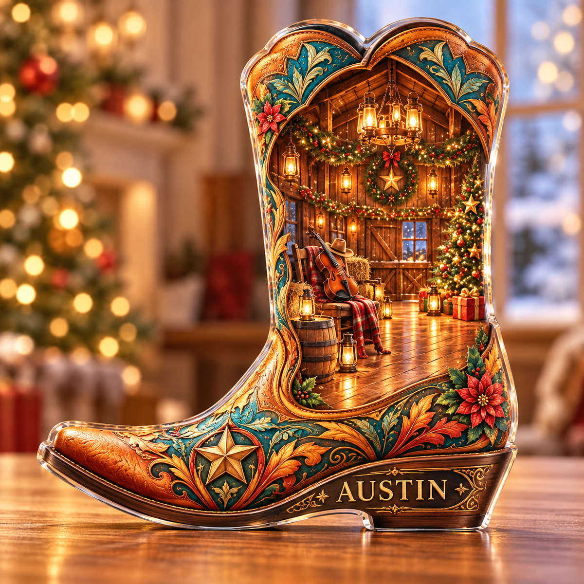 Front-view digital preview of a Christmas cowboy boot amber barn acrylic plaque with example name Austin integrated into the lower intrinsic cowboy boot sole detail