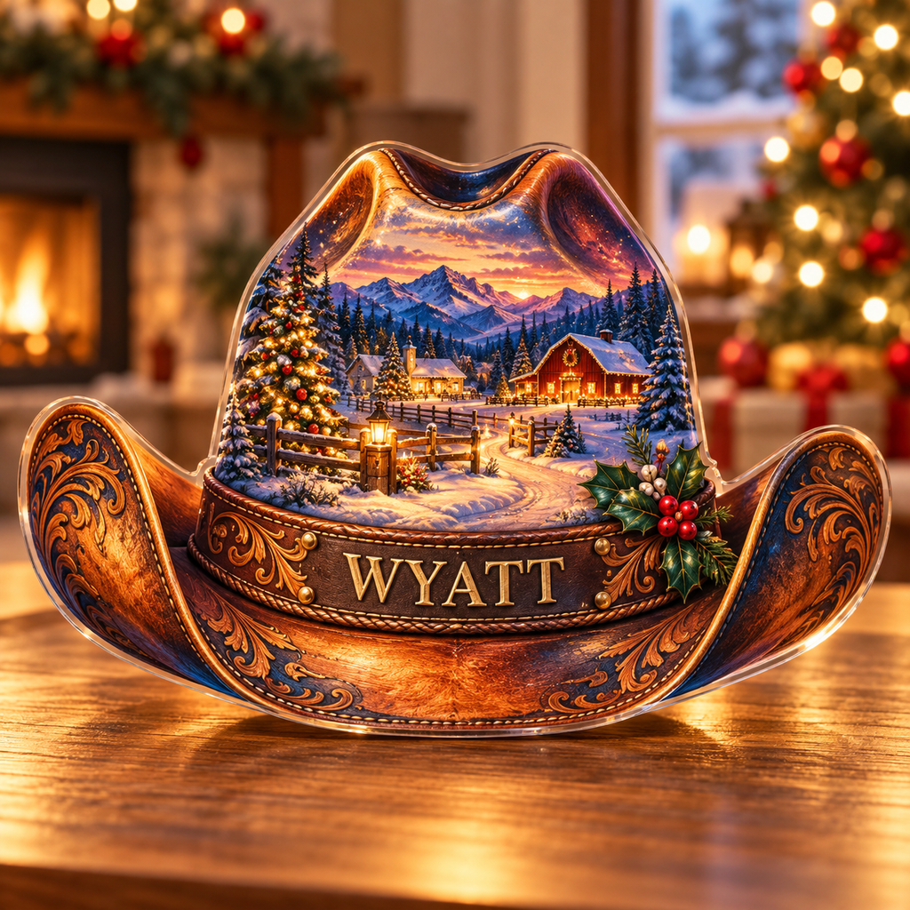 Front-view digital preview of a Christmas cowboy hat amber ranch acrylic plaque with example name Wyatt integrated into the lower intrinsic cowboy hat band detail