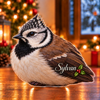 Front-view digital preview of a Christmas crested tit forest spark acrylic plaque with example name Sylvan integrated into the lower folded wing
