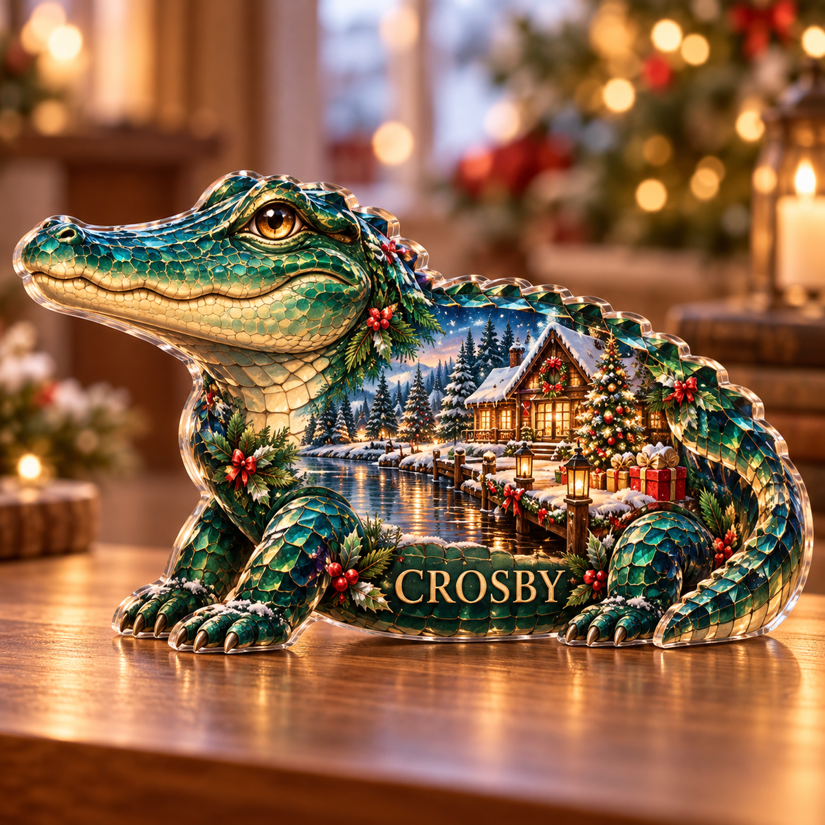 Front-view digital preview of a Christmas crocodile emerald riverhouse acrylic plaque with example name CROSBY integrated into the lower flank scale facets